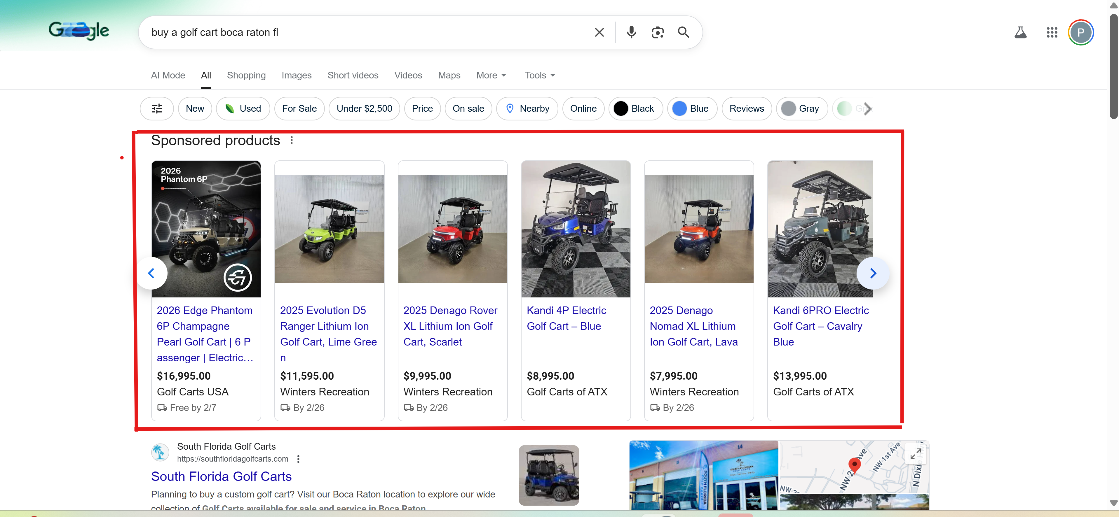 Google Shopping results showing golf carts at top of search